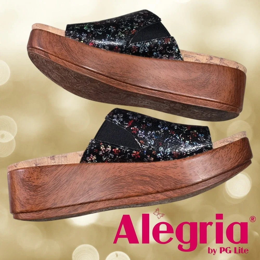 Alegria Womens Triniti Floral Leather Wedge Slide Sandals Black Multi 38
